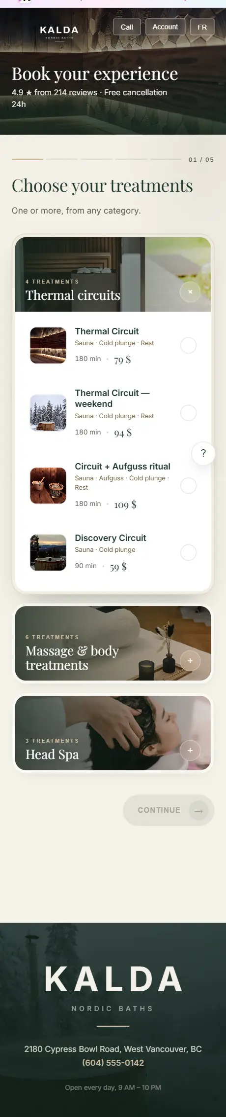 Kalda spa booking page on a phone